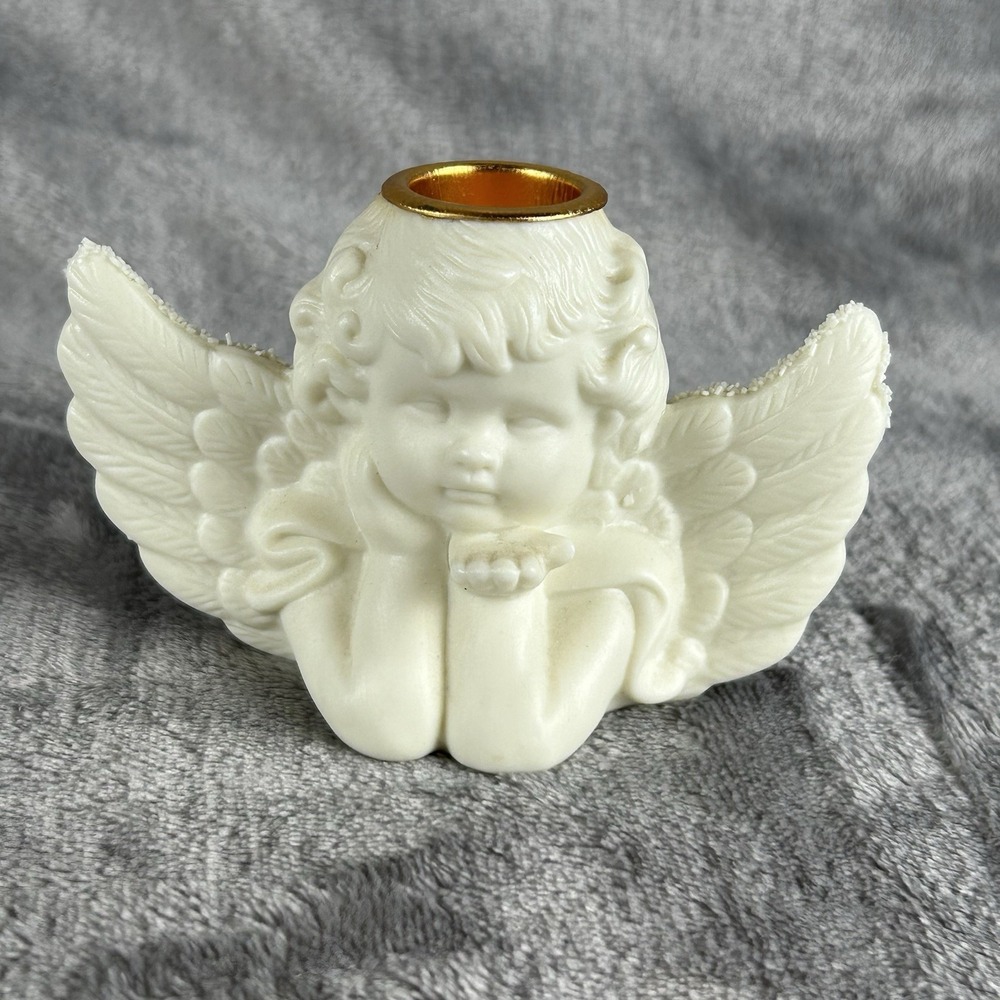 Vintage Ceramic Cherub Taper Candle Holder White Putto In Bust Blowing A Kiss‎